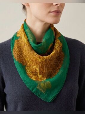 Vintage CHANEL Silk Scarf Green Gold Floral Wheat Chain Print - Rare Authentic